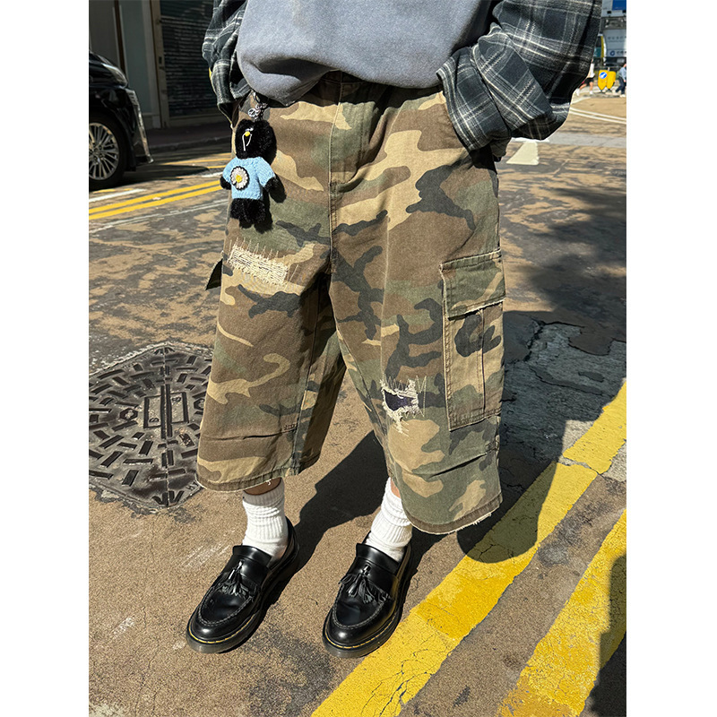 EAHO 2025 Summer American Retro Patch Ripped Camouflage Capri Pants Men's and Women's Loose Casual Straight Shorts