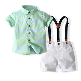夏季韩版宝宝背带裤短袖条纹衬衫2件套装亚马逊童装批发