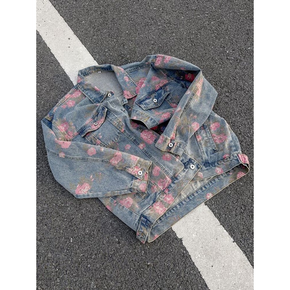 Men's Clothing Unisex Floral Print Denim Jacket Spring Autumn Trendy Designer Collared Workwear Jacket American High Street Style_mkmklike.com
