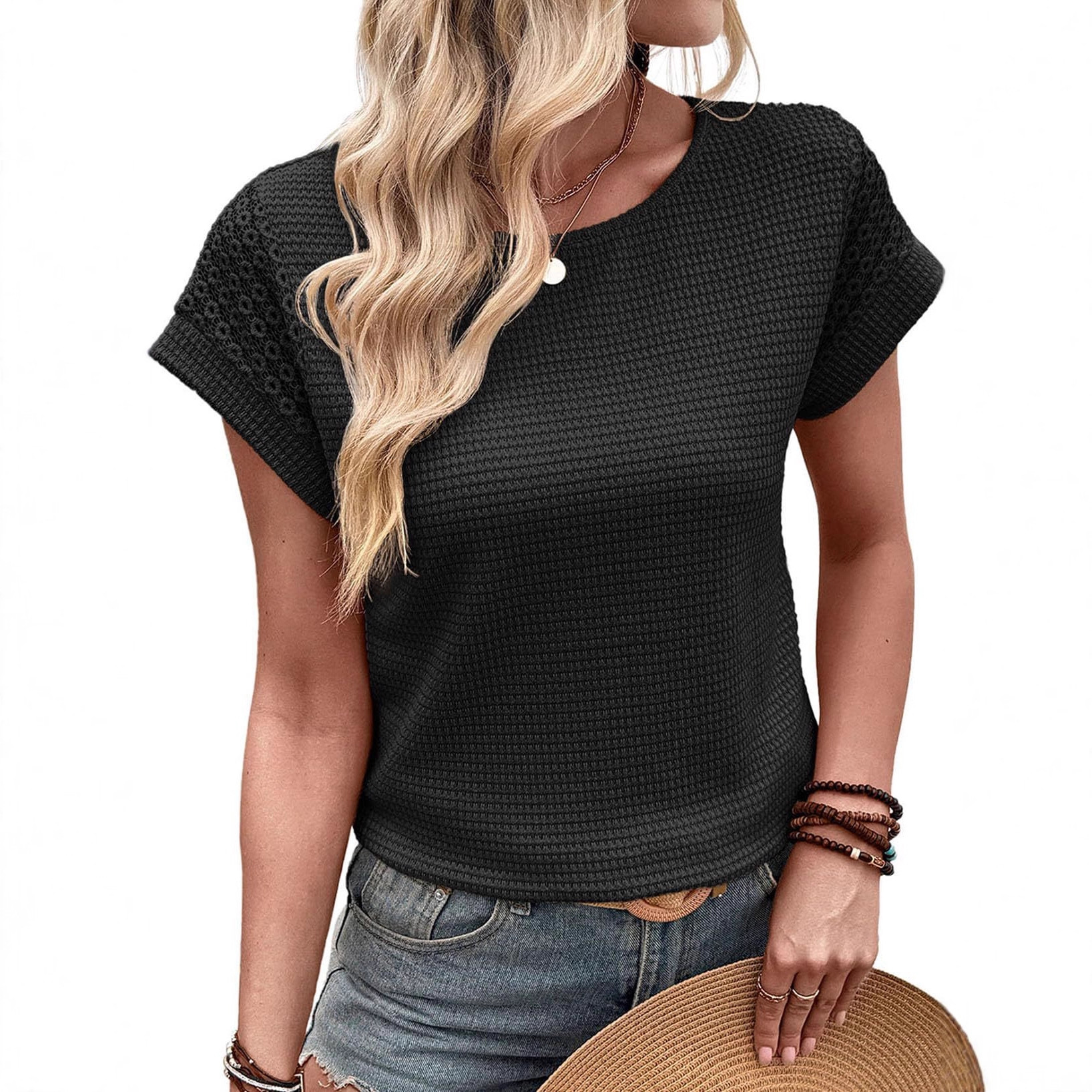 Summer Women's Round Neck T-Shirt Lace Hollow Out Short Sleeve Waffle Knit American Style New_ecoleips.com