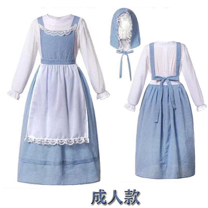 Pastoral Story Costume European and American Farm Girl Sky Blue Plaid Chef Niang Dress Pastoral Parent-Child Performance Costume Female