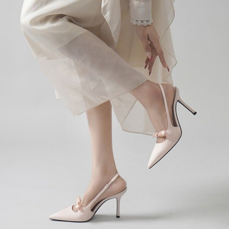 Pink Fairy-Style Hollow-Out Women's Shoes, Women's Bow-Knot High Heels, French Satin Pointed-Toe Backless Stunning Sandals