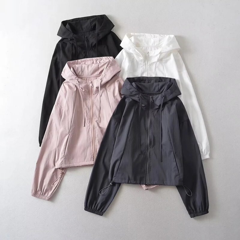 American-Style Spicy Girl Drawstring Thin Hooded Jacket for Women, New Spring and Autumn Loose Casual Sports Long-Sleeve Top