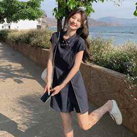 女装夏装新款软牛仔国风两件套套装 上衣+短裤