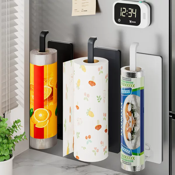Wall-Mounted Kitchen Cabinet Plastic Wrap Storage Rack, No-Drill Roll Paper Holder, Household Bathroom Towel Rack