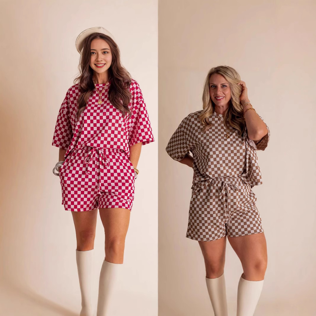 유럽과 미국의 국경 간 여성 투피스 세트 체석판 패턴 봄과 여름 느슨한 스포츠 레저 짧은 티셔츠 반바지 세트