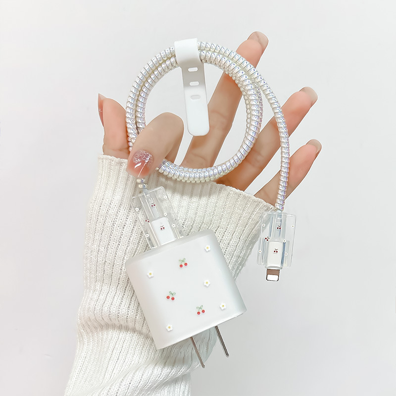 磨砂款适用于苹果20w/18w充头套数据线保护软套15/16咬线器樱桃花