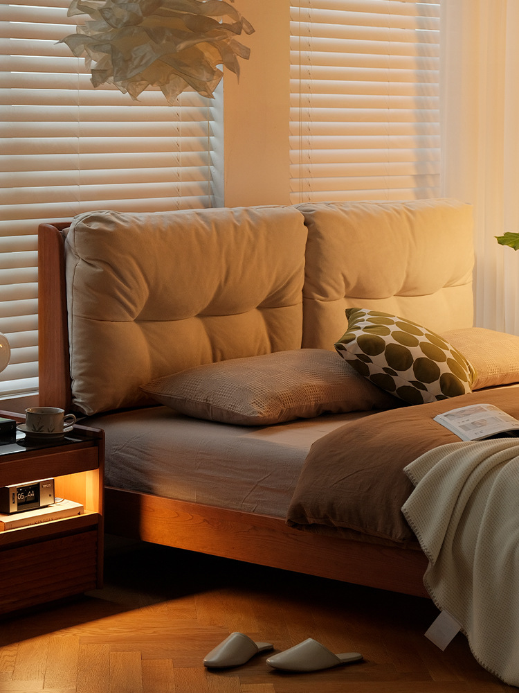 Heler/ Ruomeng Bed / Solid Wood Cloud Bed Japanese Furniture Retro Soft Package Bed 1.5m 1.8m Double Bed Master Bedroom 