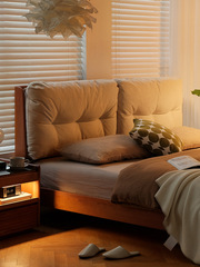 Heler/ Ruomeng Bed / Solid Wood Cloud Bed Japanese Furniture Retro Soft Package Bed 1.5m 1.8m Double Bed Master Bedroom 