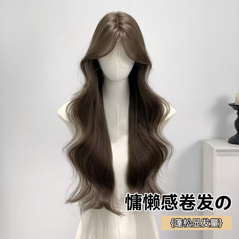 Cross-Border Wholesale of Women's Wigs, Internet Celebrity Daily Hazelnut Gray Bun Long Curly Hair, Realistic Natural Middle Part Full Head Wig