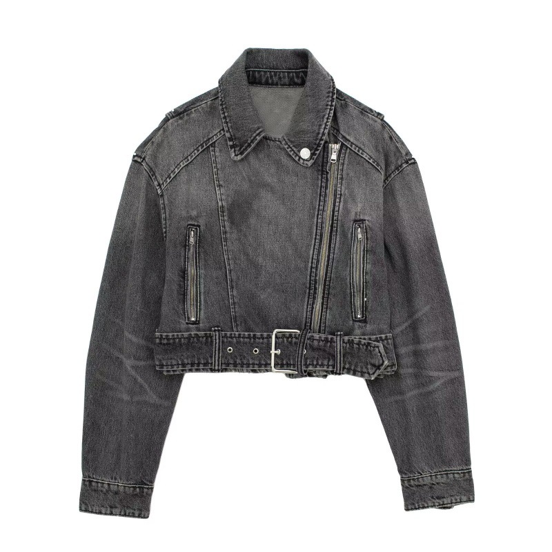 European and American wholesale Amazon autumn new women's lapel zipper pocket long sleeve motorcycle Denim jacket coat