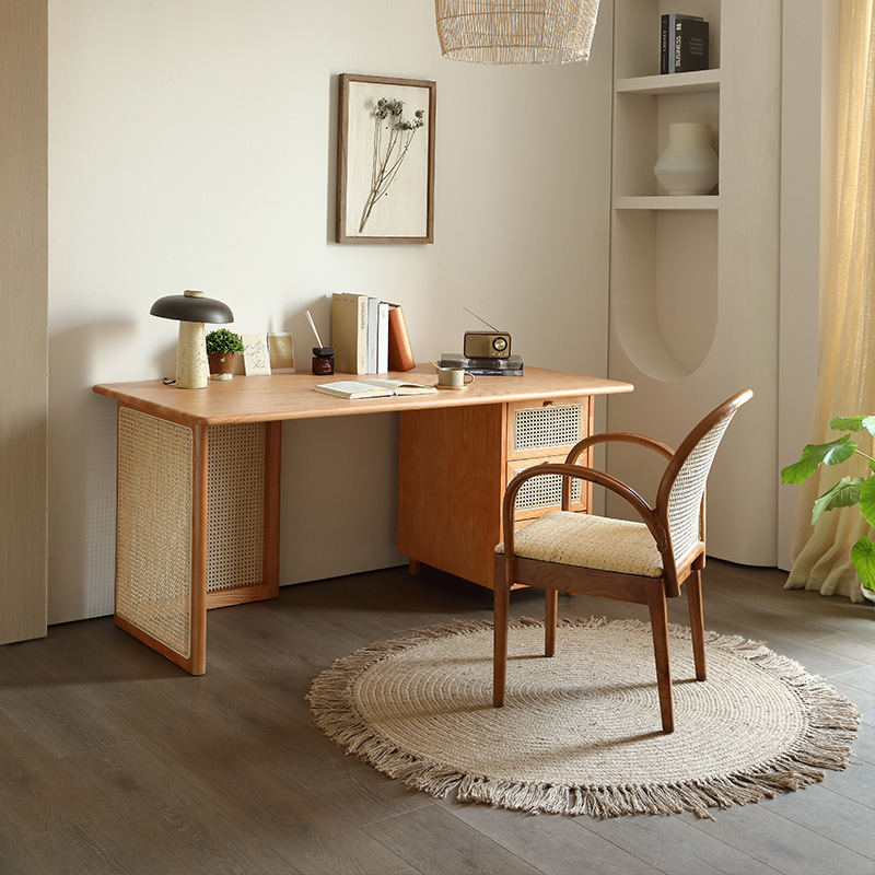 Nordic All Solid Wood Desk Bedroom Rattan Household Writing Desk Small Apartment Simple Drawer Locker Computer Table