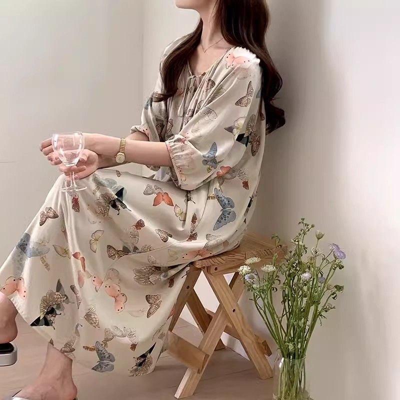 Camisón mujer verano falda larga de playa delgada pijama de seda de algodón primavera y otoño damas estilo de vacaciones ropa de hogar de seda de algodón de gran tamaño