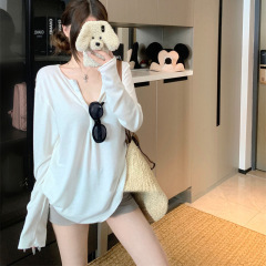 白色慵懒风长袖宽松T恤女秋季休闲薄款显瘦百搭纯欲上衣外贸批发
