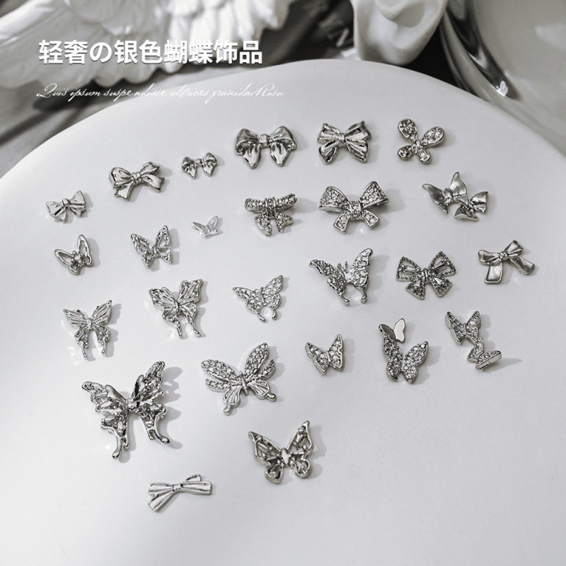 Nail Diamond Accessories Mini Butterfly Liquid Hollow Top Butterfly Bag New Bow Tie silver Nail Decoration Drill