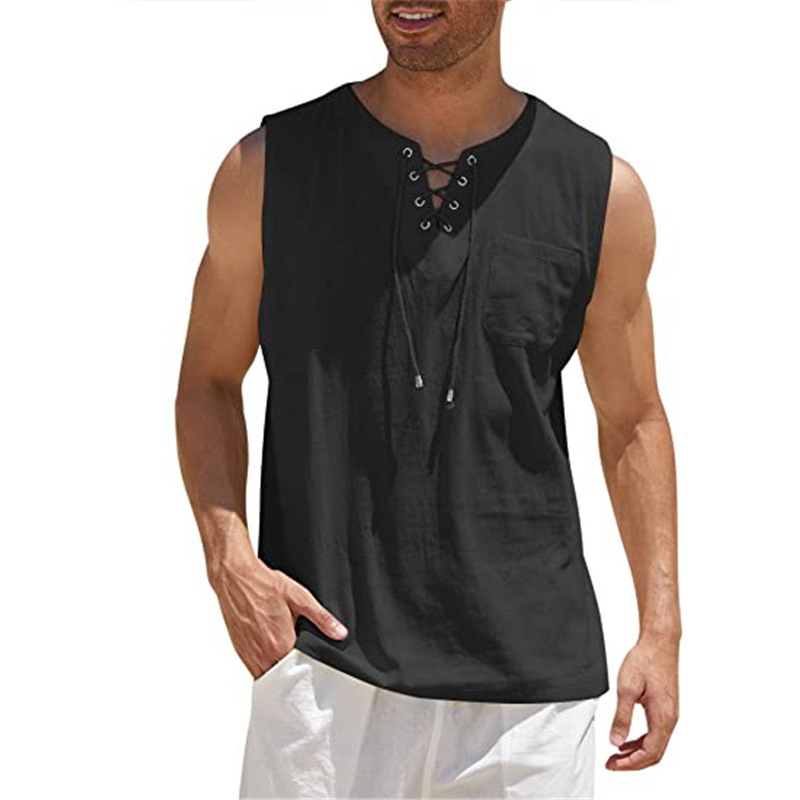 2022 Cross-border Amazon Hot Sale New Men's Vest Shirt Lace-up Pocket Solid Color Linen Sleeveless T-shirt Men