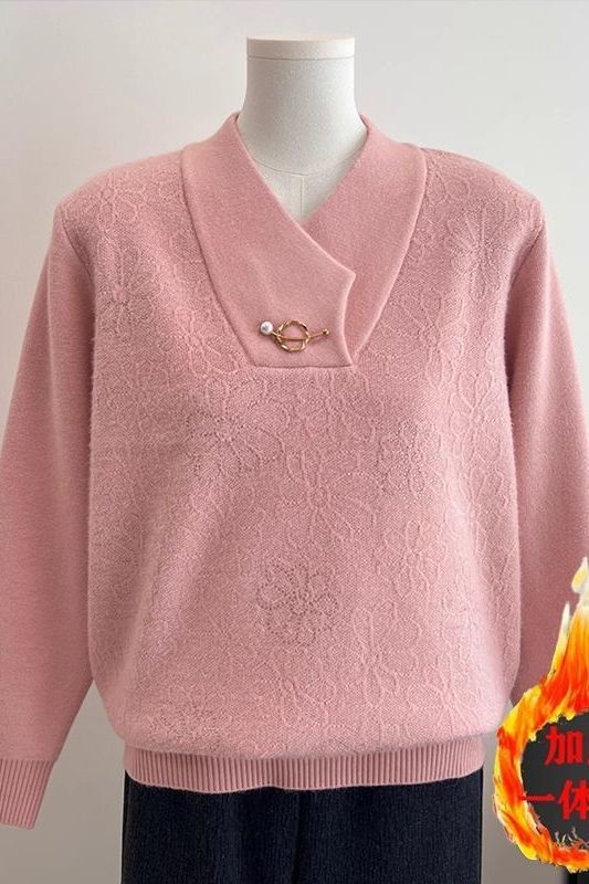 妈妈气质新款加绒加厚针织衫毛衣上衣中老年一体保暖女士时尚打底