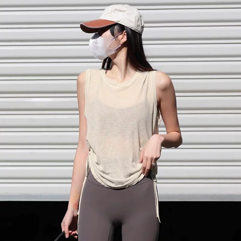 Sleeveless Drawstring Sports Vest for Women, Summer Thin Loose Quick-Dry Cover-Up, Plus Size Petite Yoga Fitness Top Sleeveless Drawstring Sports Vest for Women, Summer Thin Loose Quick-Dry Cover-Up, Plus Size Petite Yoga Fitness Top