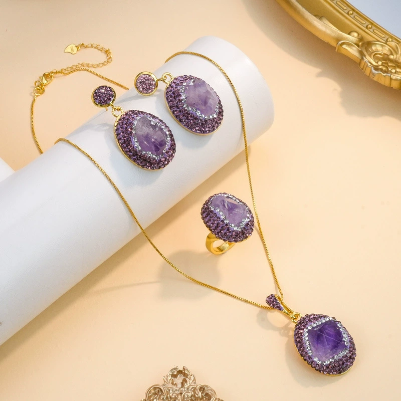 [Лидер продаж в магазине] Набор ювелирных изделий из натурального бразильского аметиста с необработанным камнем, ювелирные изделия с инкрустацией из глины, средневековый оригинал