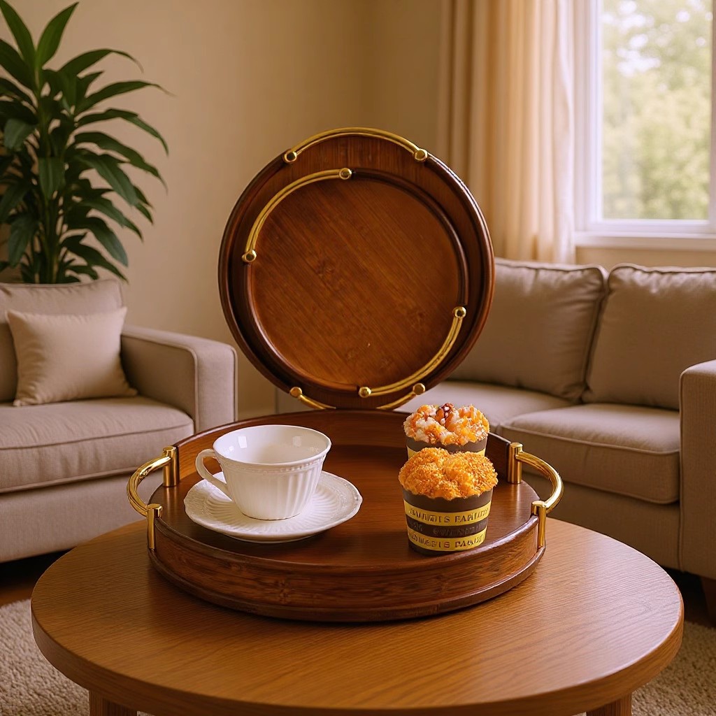 Pallet redondo de bambú marrón para el hogar de lujo ligero decoración de la sala de estar taza de café de alto valor plato de comedor taza de pan bandeja