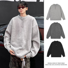 秋冬の新型丸首ヘンリー襟セーター男性カップルのファッションブランドの怠惰な高級感のある純色のニットコート