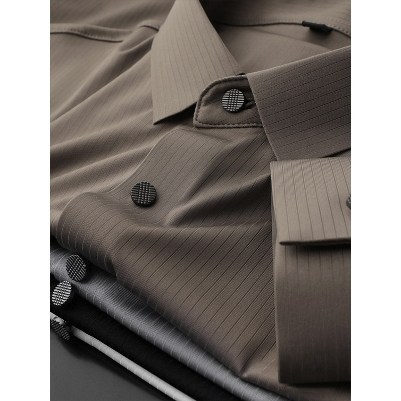 High-End Elastic Seamless Long-Sleeved Shirt for Men Spring and Summer 2026 Business Vertical Stripe Non-Iron Wrinkle-Resistant Easy-Care Shirt