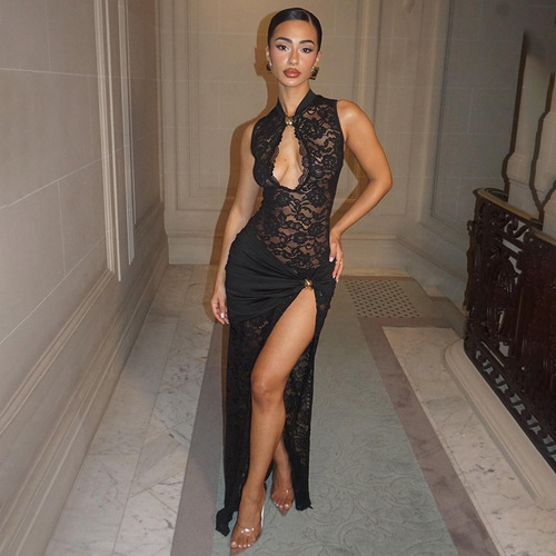 Bestselling women's summer new sexy lace mesh open-hole high slit sleeveless bodycon A-line dress