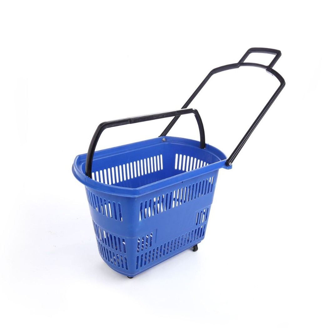 商城超市小号塑料拉杆带轮购物篮子便利店零食手提篮框超市购物蓝