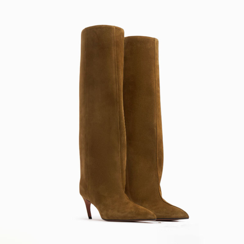 European and American Foreign Trade Cross-Border Suede Knee-High Boots with Stiletto Heels, Pointed Toe, Straight Boots, High-Heeled Simple Fashion Boots, Plus Size Women's Shoes European and American Foreign Trade Cross-Border Suede Knee-High Boots with Stiletto Heels, Pointed Toe, Straight Boots, High-Heeled Simple Fashion Boots, Plus Size Women's Shoes