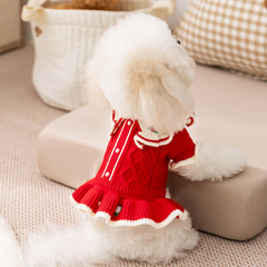 新しい秋と冬の子犬服プリンセススタイルラペル小花刺繍セータードレスクリスマス新年ペット服