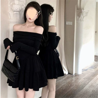 春秋设计感连衣裙一字肩褶皱短裙子长袖小众女气质显瘦 黑色a字裙