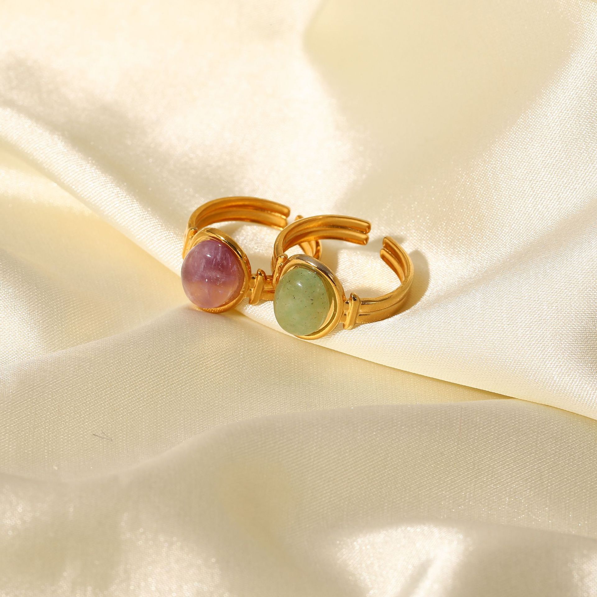 Fashion Waterproof Stainless Steel 18k Gold Oval Green/purple Semi-precious Stone Open Ring display picture 1