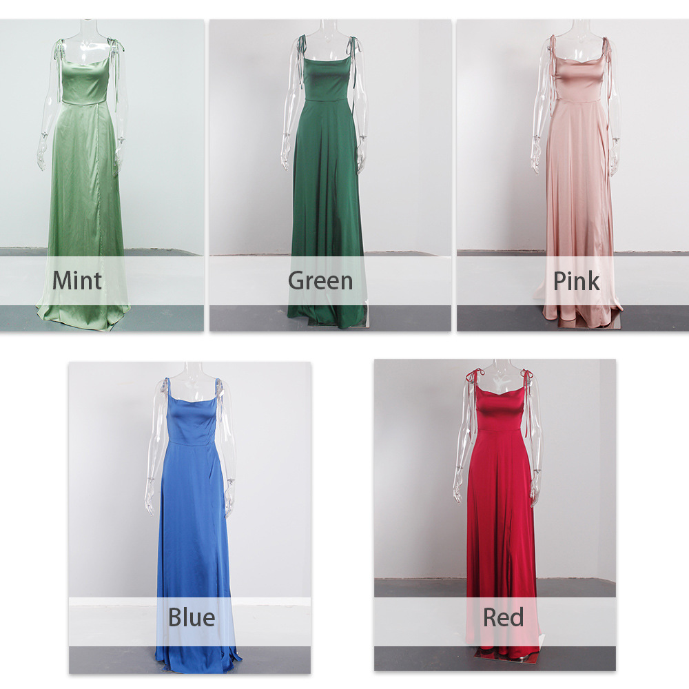 Women's Evening Dress Satin Square Neck Split Long Prom Gown_voghion.com