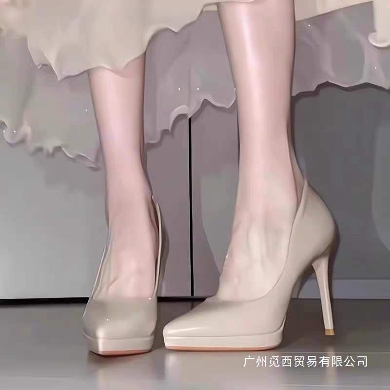 裸色防水台高跟鞋女走秀2025年新款春秋10cm漆皮礼仪细跟尖头单鞋|undefined