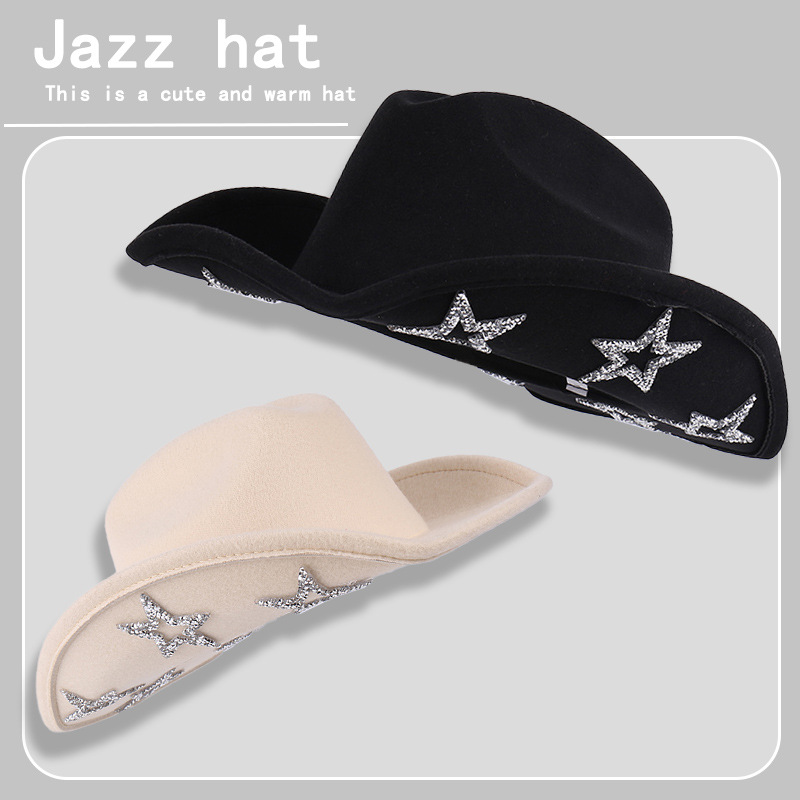2025 new curling brim fashion rhinestone stars breathable cowboy hat outdoor sports riding sunshade jazz hat