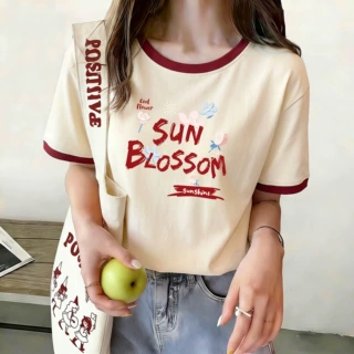 2026夏季新款韩系ins风印花短袖减龄休闲宽松修身上衣正肩t恤纯棉