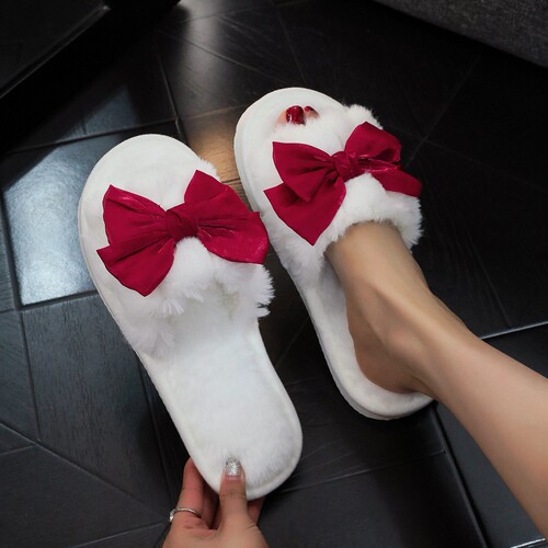 TEMU SHEIN plush big hit European and American wool plush bowknot cotton slippers for women's fluffy cotton slippers