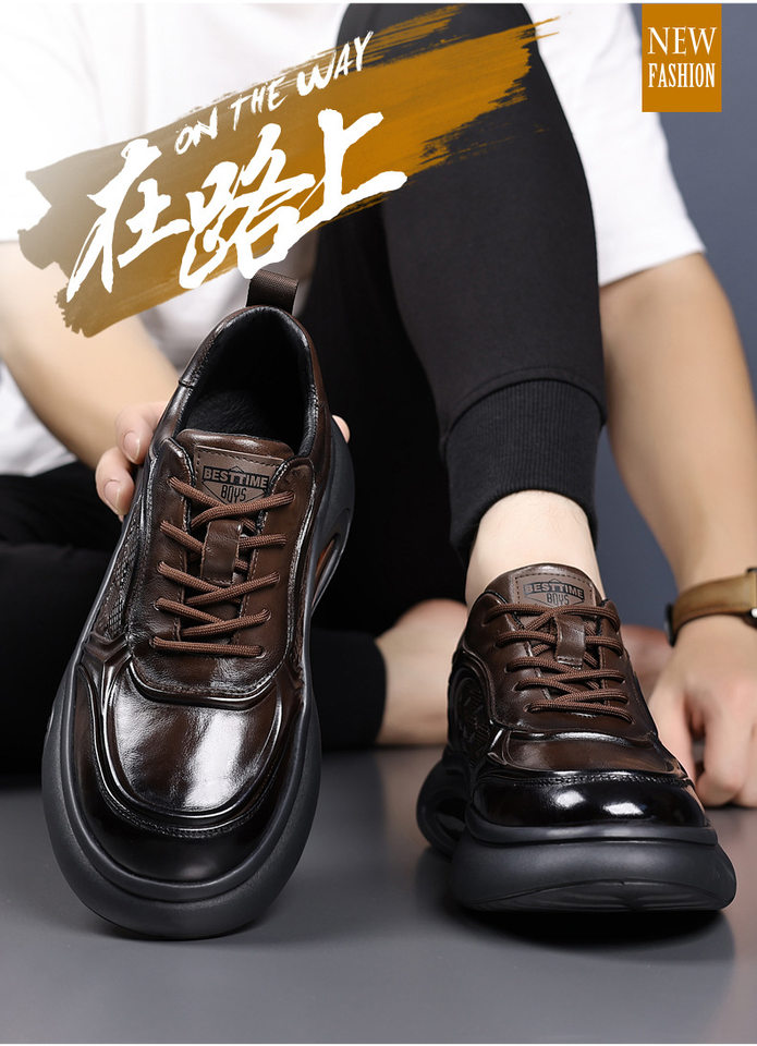 Giày thể thao nam da bò thật đế dày tăng chiều cao, giày sneaker nhẹ thoáng khí gót 3–5 cm — màu nâu, màu đen chi tiết 2