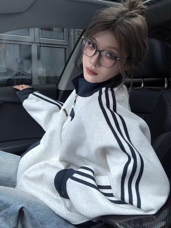 解构条纹立领外套男春秋宽松休闲开衫卫衣潮牌美式青少年运动夹克|undefined