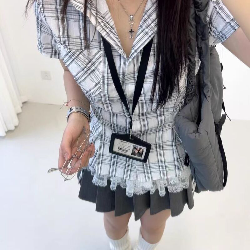 American Retro College Style Short-Sleeved Waist Shirt for Women Summer Small Plaid Right Shoulder Slim Collar