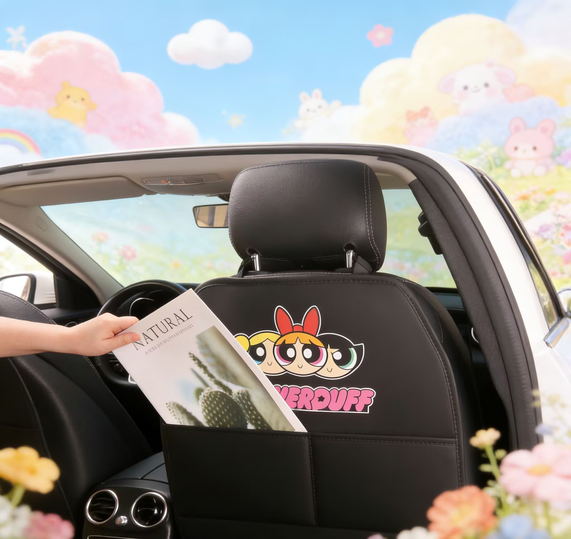 Powerpuff Girls Cute Cartoon Car Seat Back Anti-Kick Pad, Car Rear Seat Anti-Dirt Pad with Storage Bag