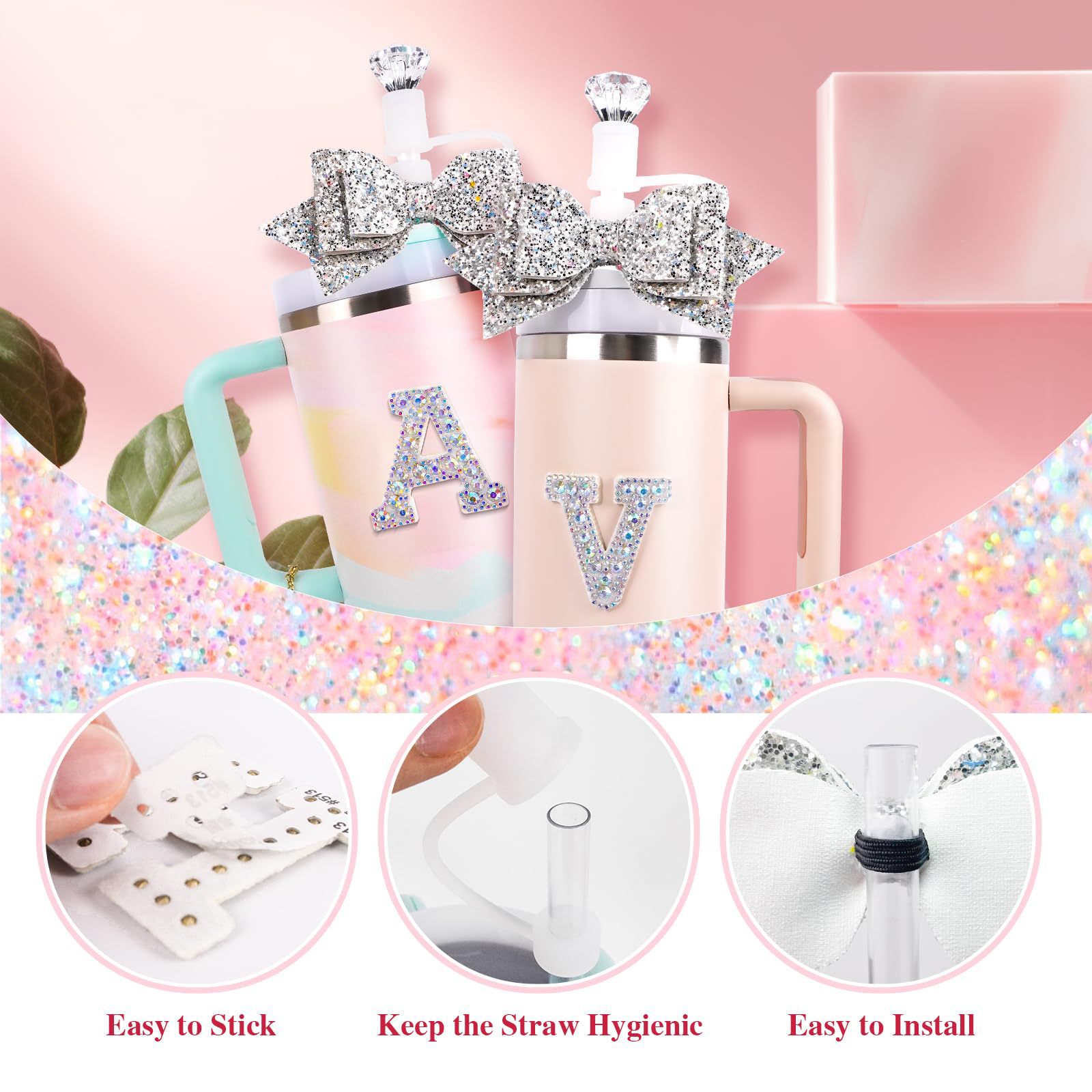 Silica Gel Material Glam Letter Bow Knot Silica Gel Straw Cup Sleeves 1 Set