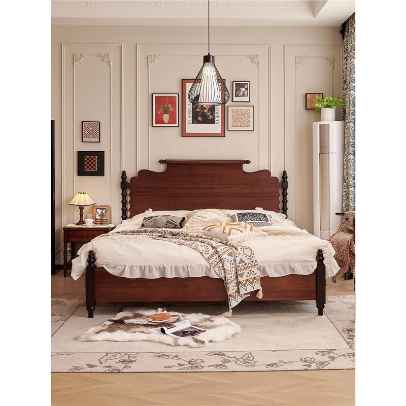 French Retro Solid Wood Bed, Antique Style Master Bedroom Bed, American Double Bed, Mahogany Bedroom Furniture