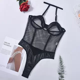 Women's Fashion Simple Fishnet Stitching PU Halter Jumpsuit - Black - View 1