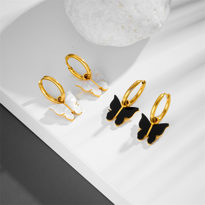 9g Weight Vacuum Plating Gold Plating Process 304 Stainless Steel Ear Needle Material 18K Gold Plated Plating Material 1 Pair Simple Style Butterfly Patchwork Titanium Steel Acrylic 18K Gold Plated Drop Earrings