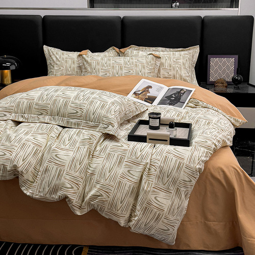 Pure cotton brushed printed four-piece set simple autumn and winter thickened 100 cotton quilt cover sheets retro high-end bedding