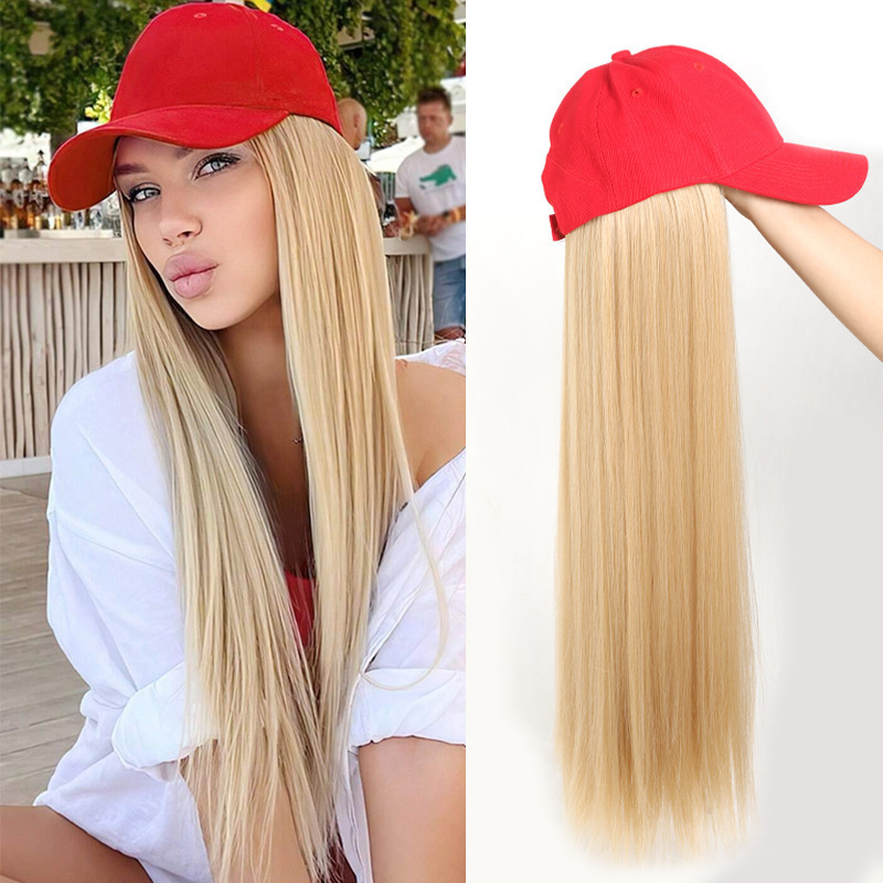 Cross-Border Wig Long Straight Hair Hat One-Piece 55cm Sunshade Red Baseball Cap Chemical Fiber Hair Full Wig Set