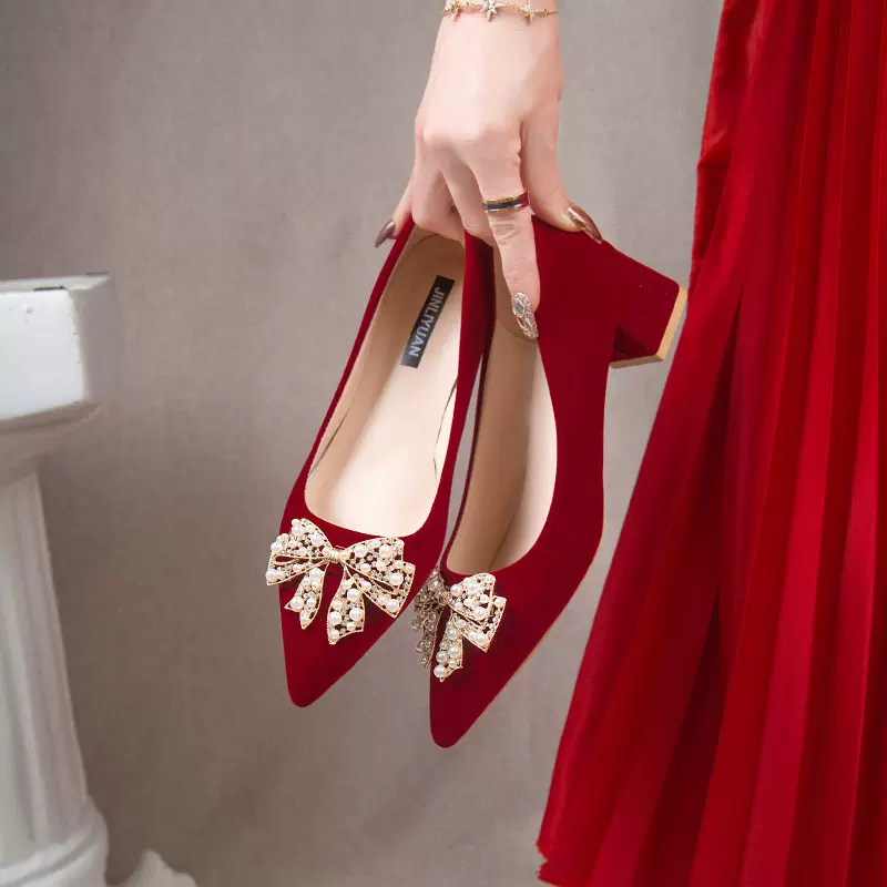 婚鞋女高跟鞋水钻结秀禾服婚纱两穿2023年新款新娘鞋红色孕妇单鞋