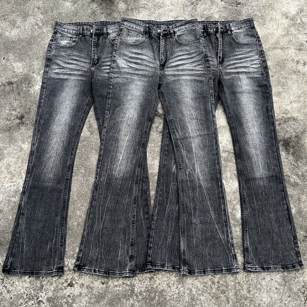 DC Retro Black Bamboo Cotton Flared Jeans High Version Faded Lightning Pattern for Men And Women mid Waist Straight Pants_mkmklike.com