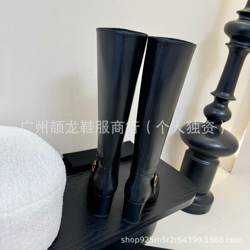 高端2025秋冬真皮英伦风复古粗高跟套筒显瘦不过膝长靴高筒骑士靴|undefined